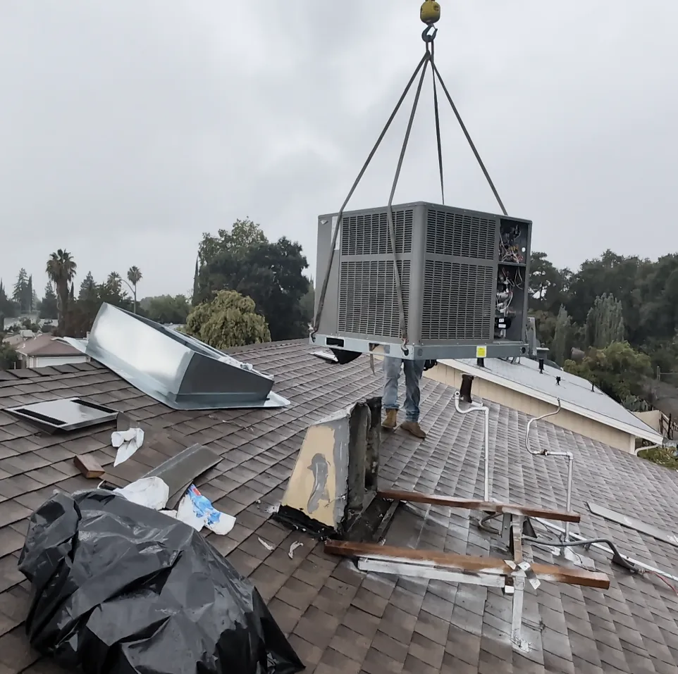 Using crane to temporarily move HVAC unit aside
