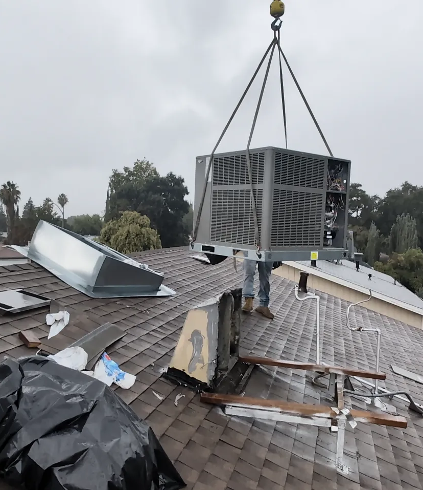 Using crane to temporarily move HVAC unit aside